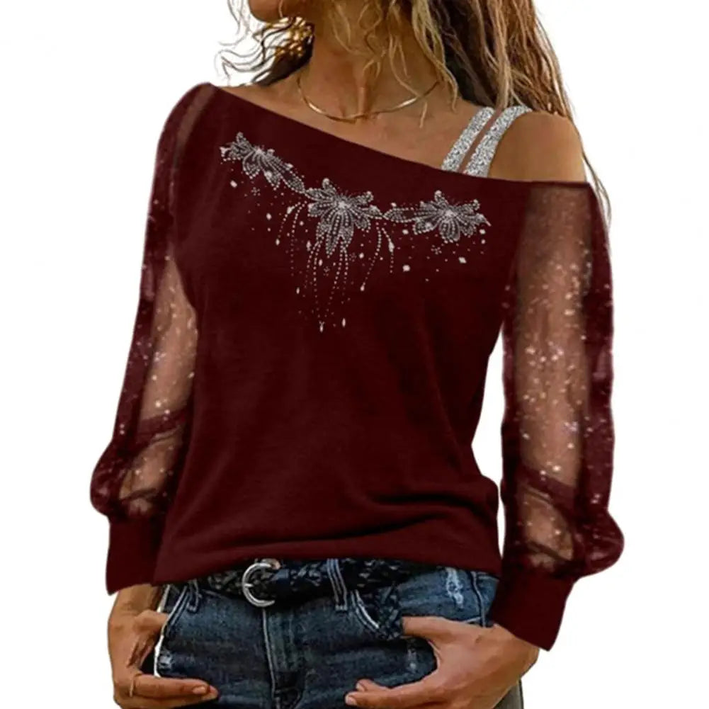 Fall Women Pullover Stunning Sequin Rhinestone Blouse Sheer Mesh Patchwork Diagonal Collar Plus Size Women's Top for Fall Spring