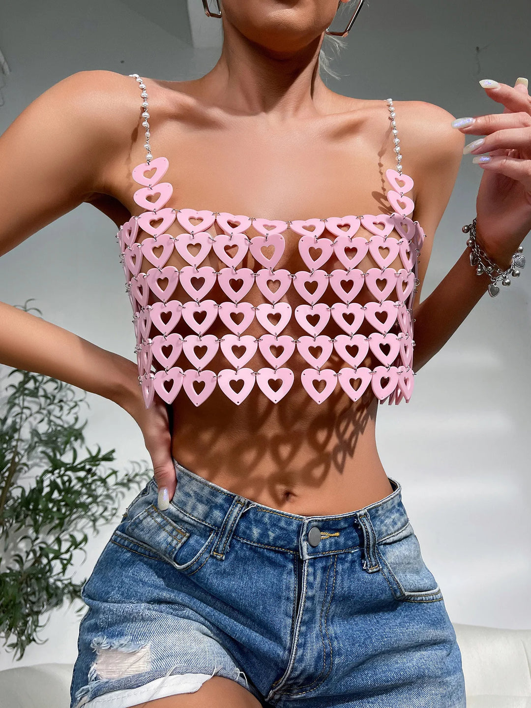 Pearl Chain Shoulder Straps Streetwear for Women Heart Ring Detail Backless Patchwork Pink Cami Top