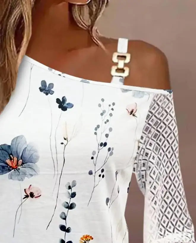 Fashion Woman Blouse 2023 Floral Print Lace Patch Chain Lantern Sleeve Casual Cold Shoulder Long Sleeve Top Graphic T Shirts