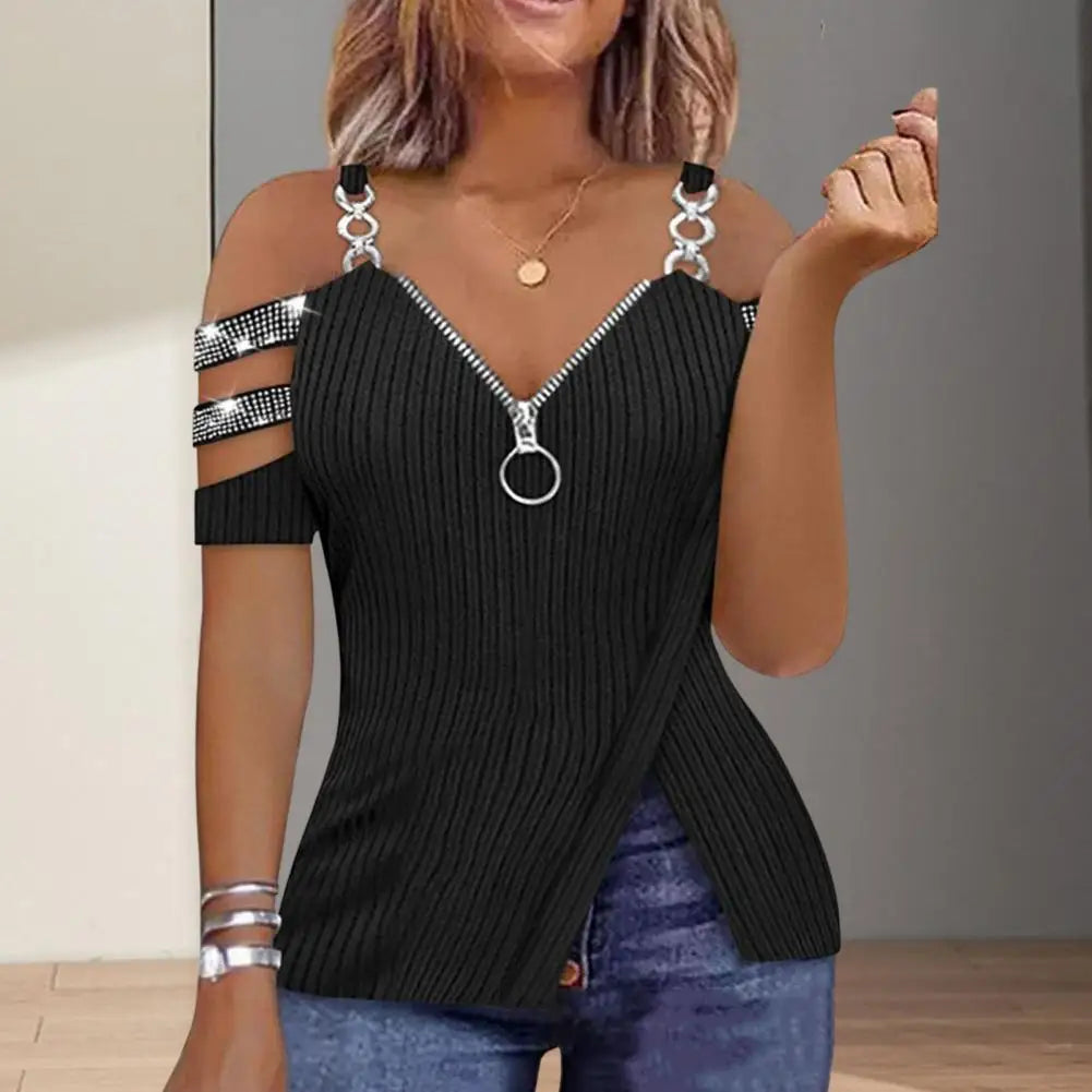 Fashion Y2K Women's Top 2023 Summer Casual Rhinestone Decoration Zipper Details Split Bottom Cold Shoulder Basic Women's T-Shirt