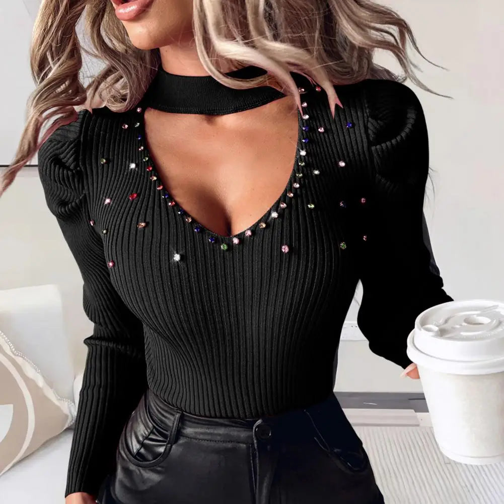 Women Slim Fit Top Stylish Women's Rhinestone Studded Knitwear Collection V-neck Tops Hollow Out Sweaters Slim Fit for Office