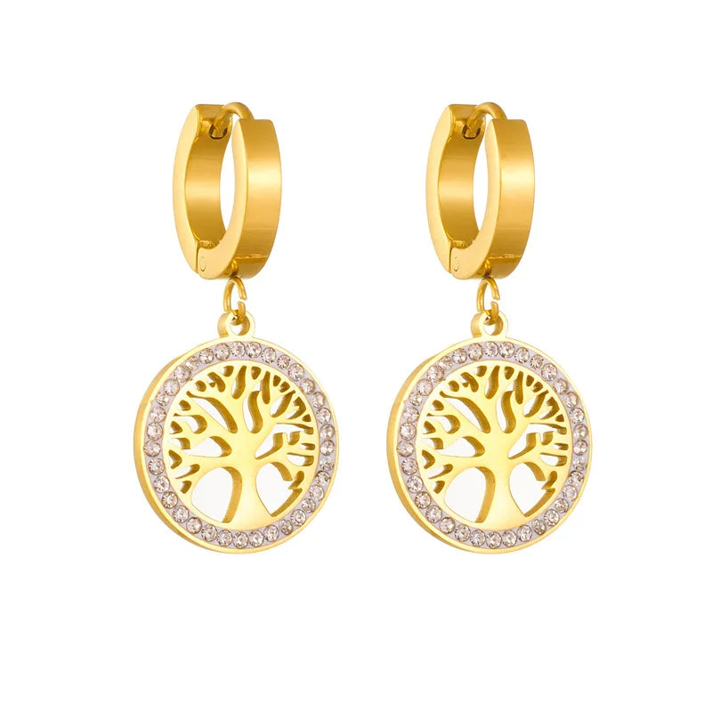 316L Stainless Steel Gold Plated Temperament Multi Elegant Tree of Life Rhinestone Hoop Earrings For Women Girls Gift Not Fade