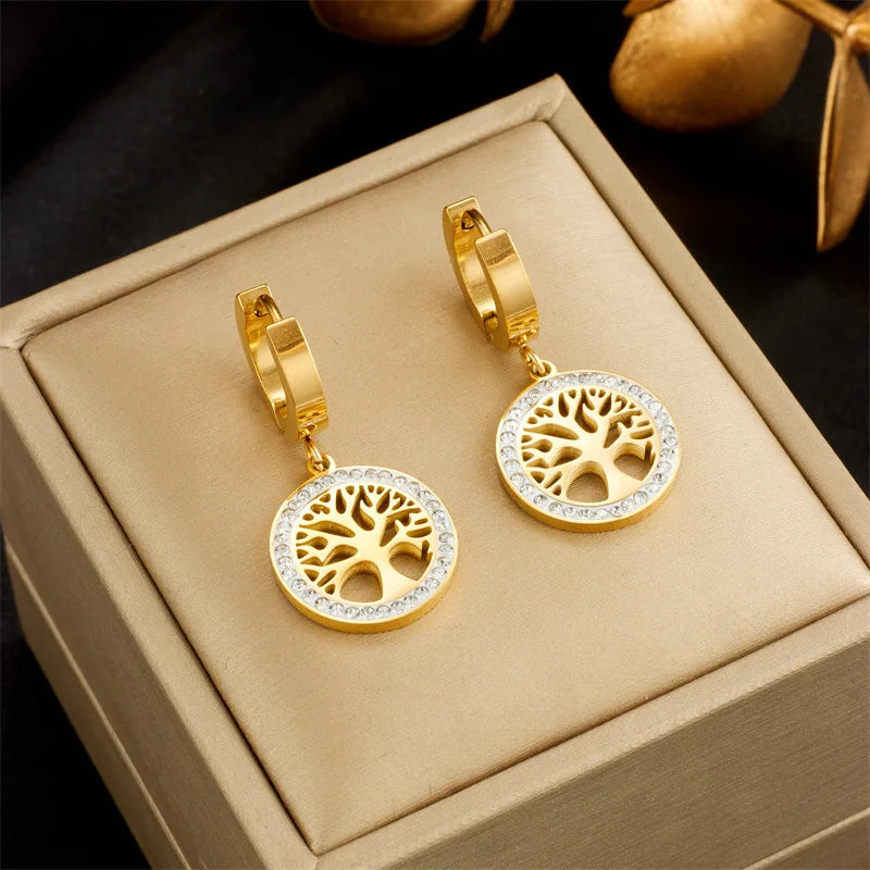 316L Stainless Steel Gold Plated Temperament Multi Elegant Tree of Life Rhinestone Hoop Earrings For Women Girls Gift Not Fade