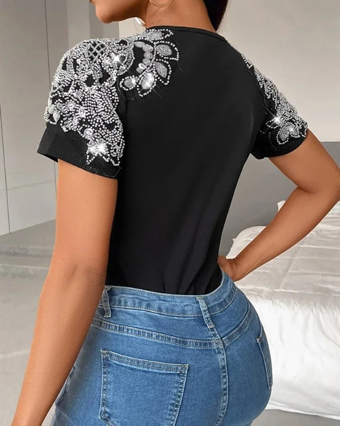 Short Sleeve Blouse Women Rhinestone Floral Pattern Hollow Out Casual T-Shirt Female Streetwear Round Neck Skinny Pullover 2024