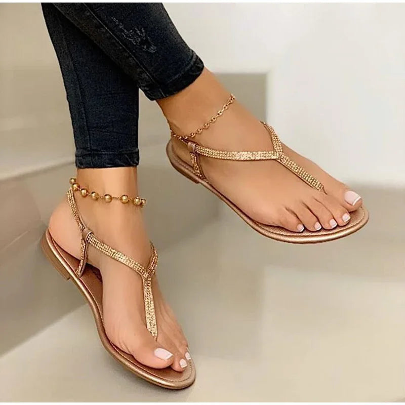 Ladies Sandals 2022 New Summer Rome Fashion Rhinestone Thong Flat Sandals Seaside Beach Casual Sandals Back Strap Plus Size 43