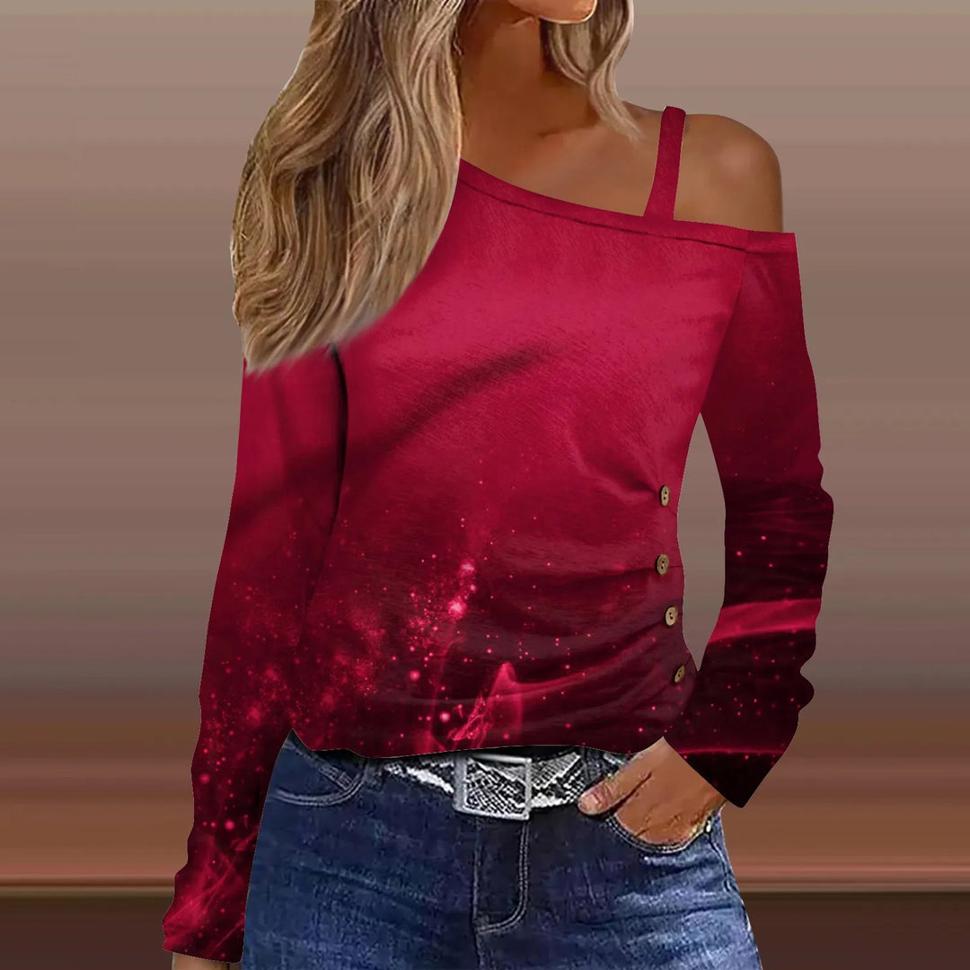 Elegant Skew Collar Chain Hollow Pullover Tops Female Floral Print Off Shoulder Tops Blouse Long Sleeve Commute Regular Fit Top