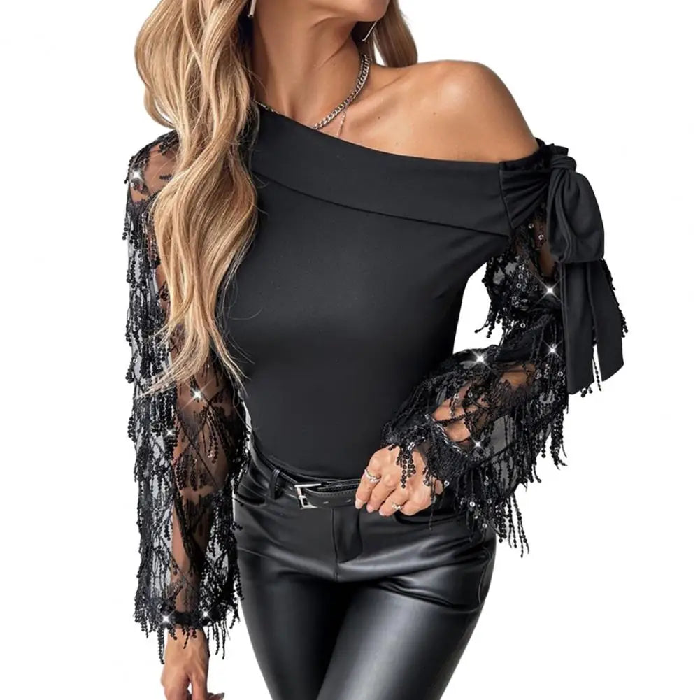 Lady T-shirt Elegant Flower Embroidery Mesh One Shoulder Blouse with Lace Up Detail Hollow Out Design for Women's Fashion Hollow