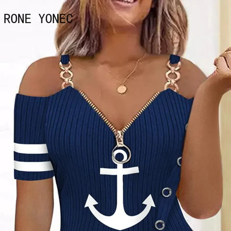 Women Chic Anchor Pattern Zipper Decor Chain Straps Basic Short Sleeves Silt Blouse Tops