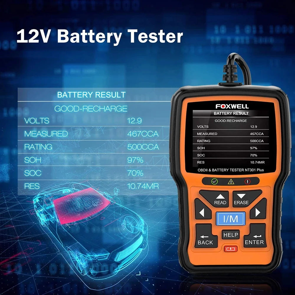 FOXWELL NT301 Plus Car OBD2 Scanner Tool 12V Battery Tester OBDII EOBD Live Data Code Reader Car Diagnostic Scan Tool