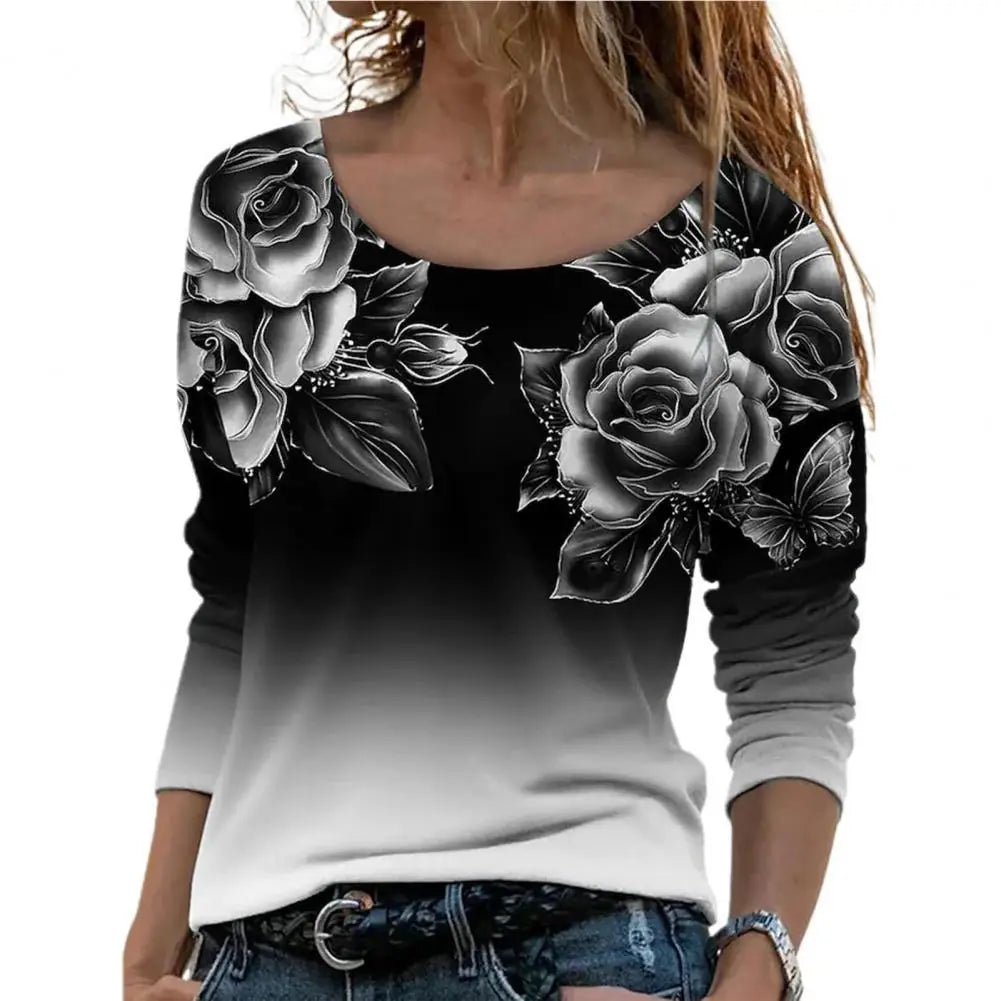 Women Spring Blouses Rose Flower Oversized T-shirt Top Colorfast Gradient Color Crew Neck Floral Print Blouses футболка женский