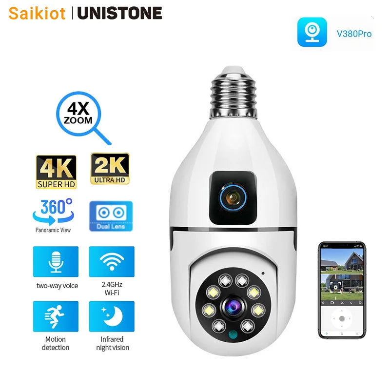 Saikiot V380 4MP 8MP 4K E27 360 Bulb WIFI Dual Lens Camera Bulb Color Night Vision CCTV Security IP Indoor Dual Lens Bulb Camera