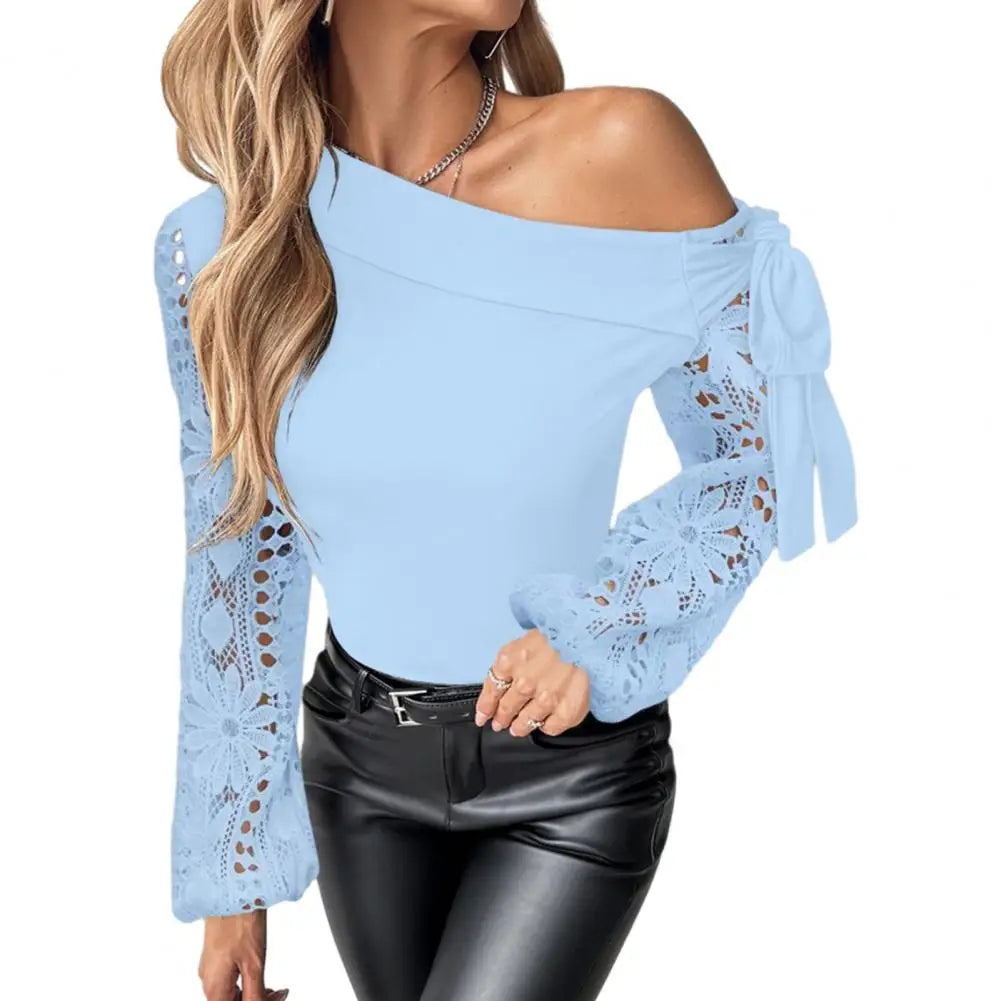 Lady T-shirt Elegant Flower Embroidery Mesh One Shoulder Blouse with Lace Up Detail Hollow Out Design for Women's Fashion Hollow