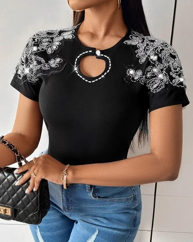 Short Sleeve Blouse Women Rhinestone Floral Pattern Hollow Out Casual T-Shirt Female Streetwear Round Neck Skinny Pullover 2024