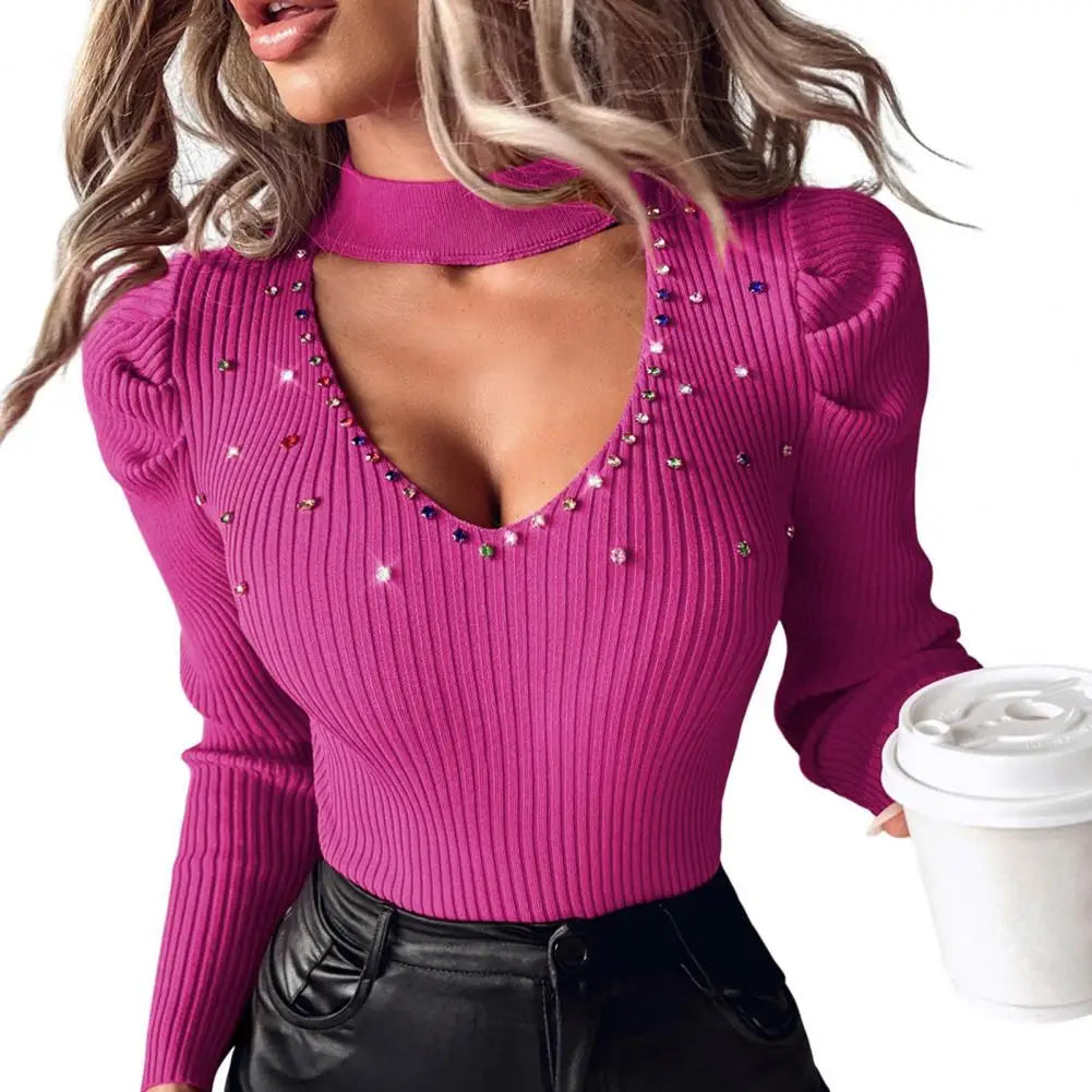 Hollow Out Knit Sweater Women Slim Fit Top Stylish Women's Rhinestone Studded Knitwear V-neck Tops Hollow Out Sweater Slim Fit