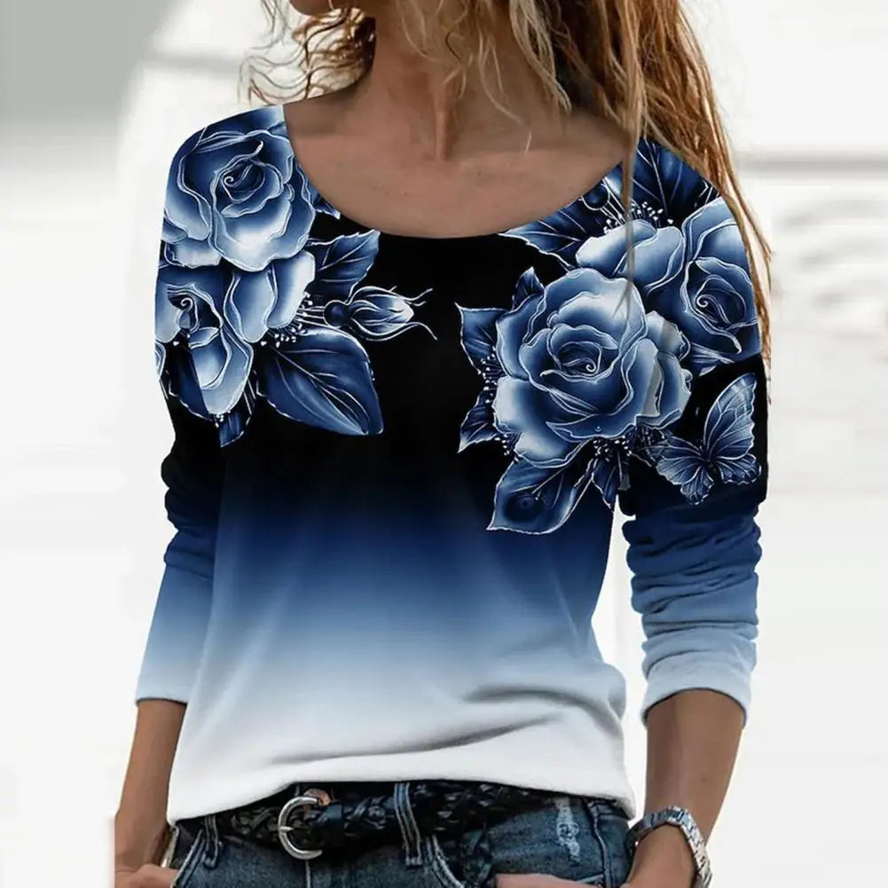 Women Spring Blouses Rose Flower Oversized T-shirt Top Colorfast Gradient Color Crew Neck Floral Print Blouses футболка женский