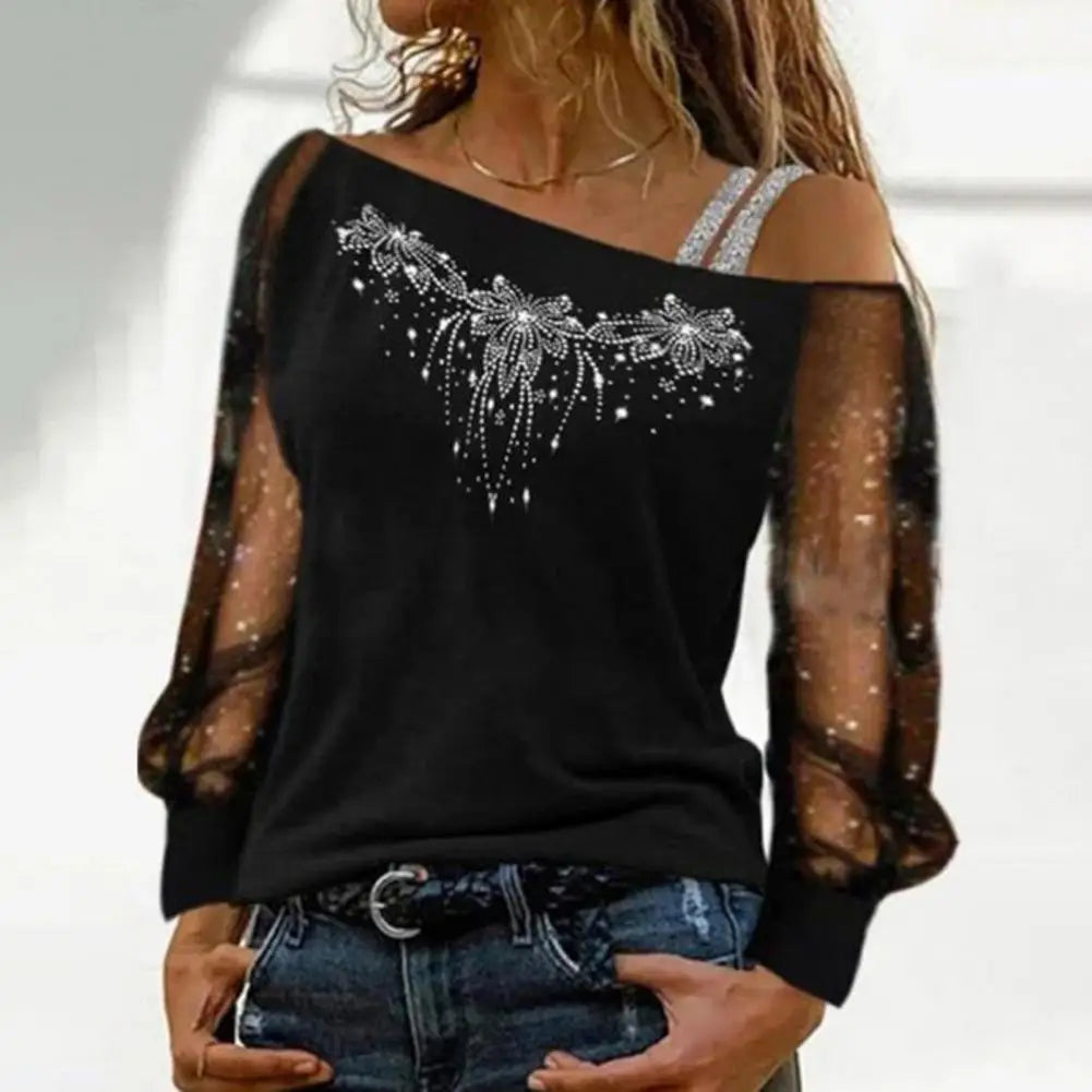 Fall Women Pullover Stunning Sequin Rhinestone Blouse Sheer Mesh Patchwork Diagonal Collar Plus Size Women's Top for Fall Spring