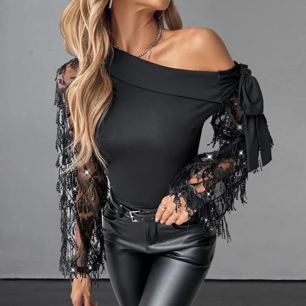 Lady T-shirt Elegant Flower Embroidery Mesh One Shoulder Blouse with Lace Up Detail Hollow Out Design for Women's Fashion Hollow