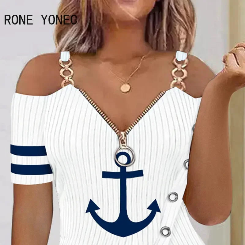 Women Chic Anchor Pattern Zipper Decor Chain Straps Basic Short Sleeves Silt Blouse Tops