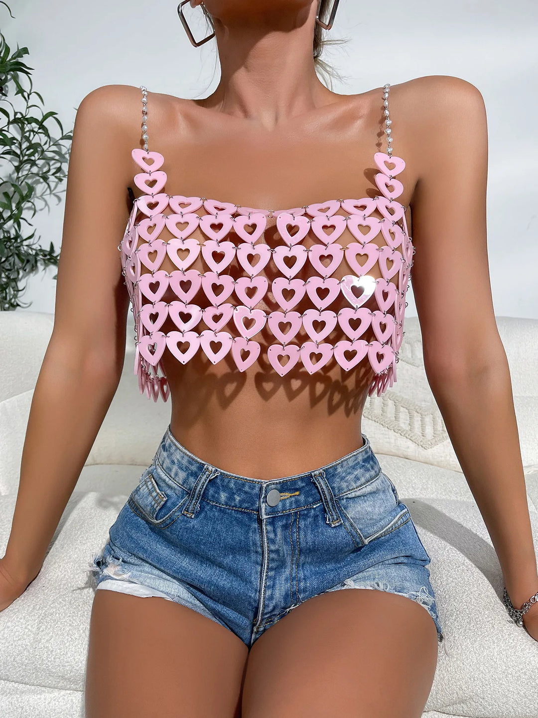 Pearl Chain Shoulder Straps Streetwear for Women Heart Ring Detail Backless Patchwork Pink Cami Top