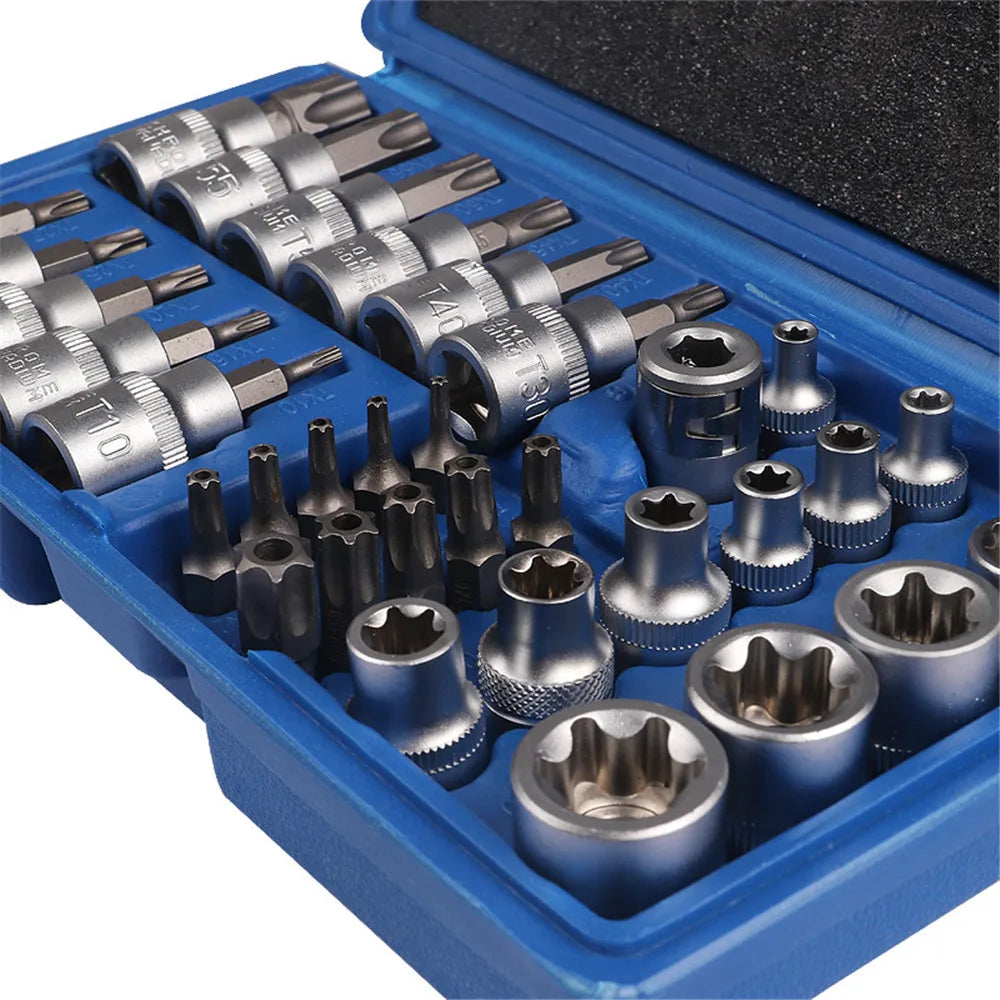 2023 New 34Pcs Torx Star Sockets & Bit Set Male / Female E-Security Bits Drive Handheld Tool Torque Star Socket