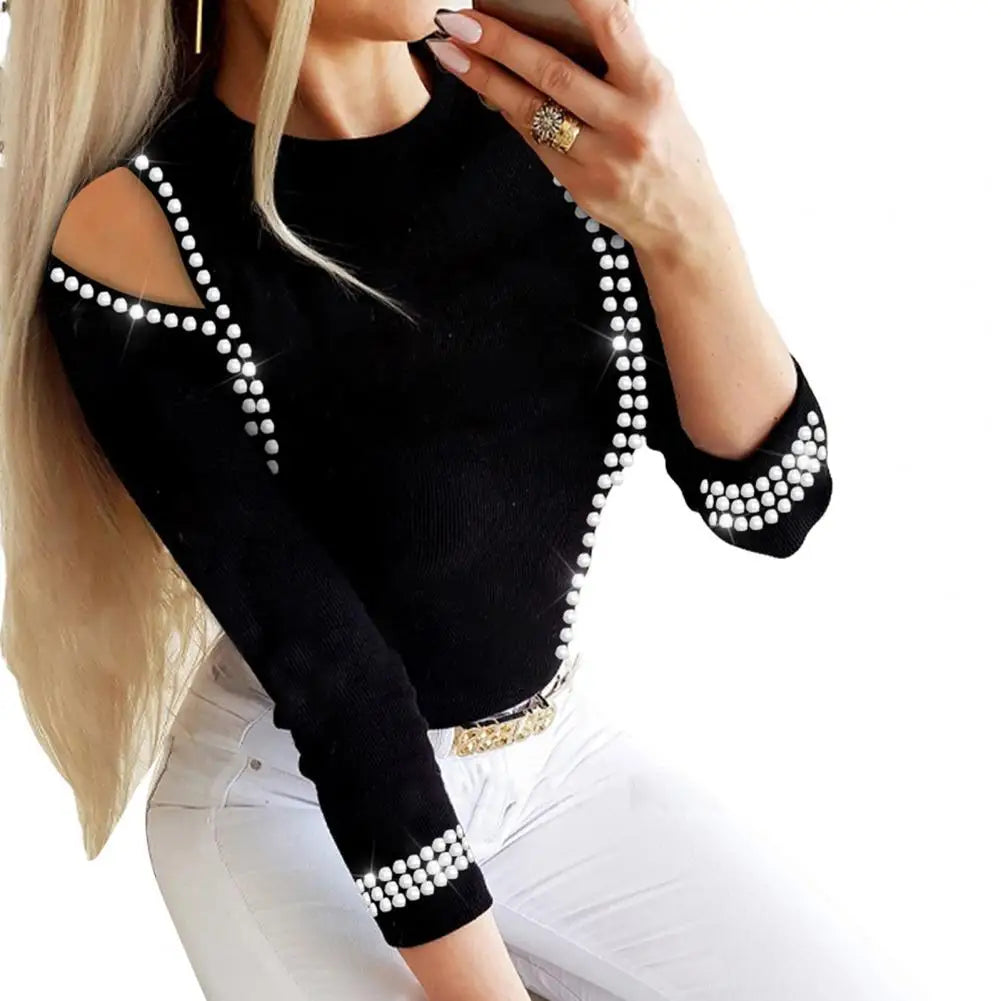 Women O-Neck Tops Shining Studded Beads Rhinestones Blouse Slim Fit Blouse Office Lady Heart Pattern Hollow Pullover Tops