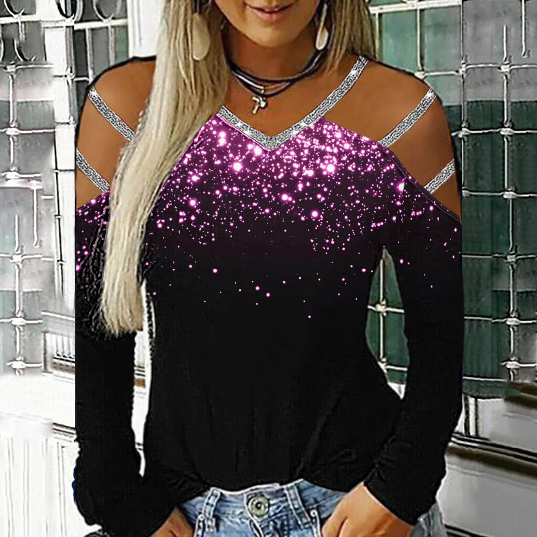 Fashion Bling Rhinestone Blouse Shirt Cold Shoulder Top Tee Casual Autumn Winter Ladies Female Women Long Sleeve Blusas Pullover