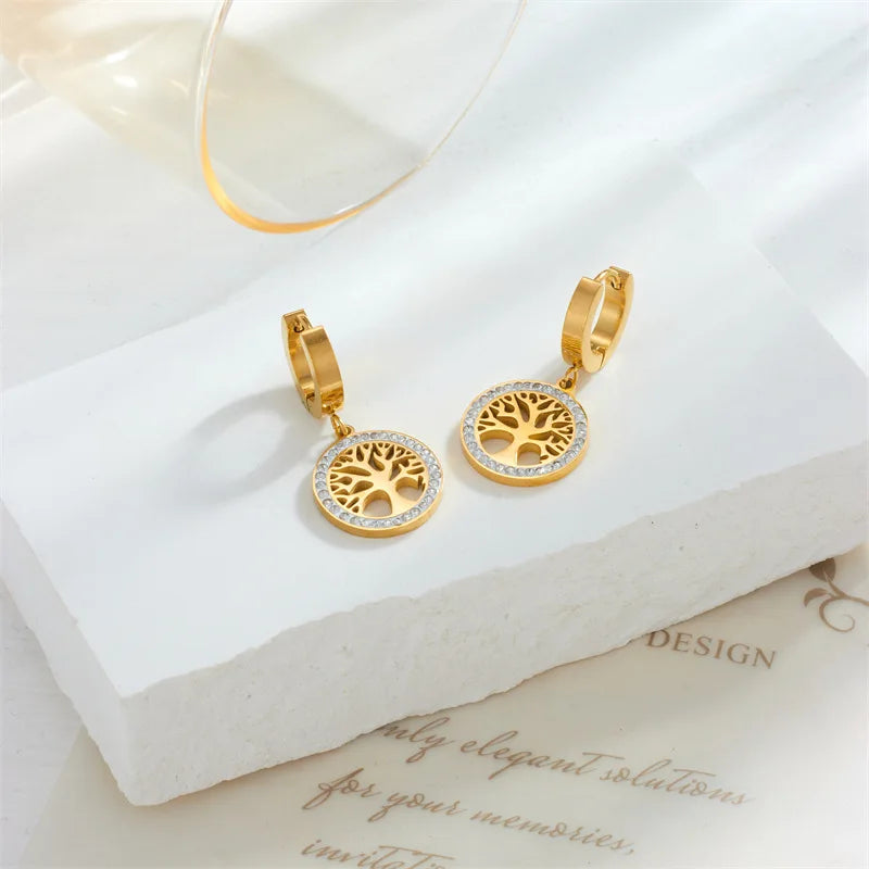 316L Stainless Steel Gold Plated Temperament Multi Elegant Tree of Life Rhinestone Hoop Earrings For Women Girls Gift Not Fade