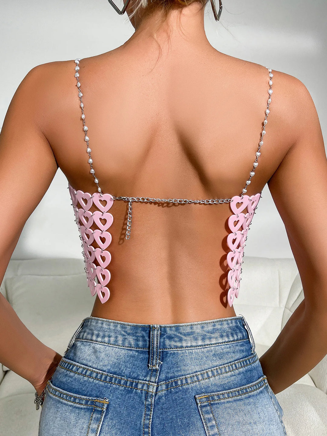 Pearl Chain Shoulder Straps Streetwear for Women Heart Ring Detail Backless Patchwork Pink Cami Top