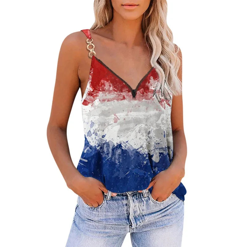 Summer American Flag Tanks Sleeveless Chain Blouse Vintage Top Y2k Womans Streetwear Star Striped Print Vest Off Shoulder Tshirt