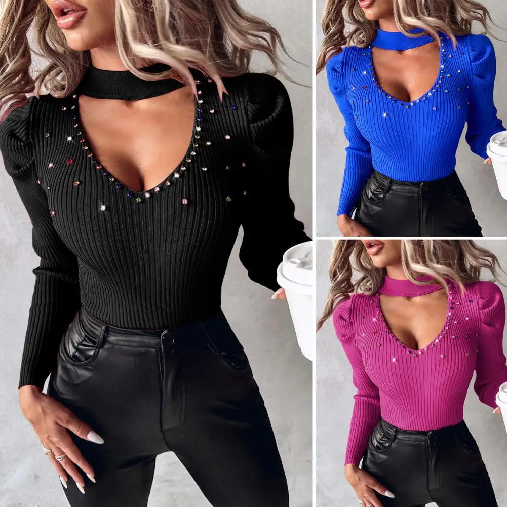 Women Slim Fit Top Stylish Women's Rhinestone Studded Knitwear Collection V-neck Tops Hollow Out Sweaters Slim Fit for Office