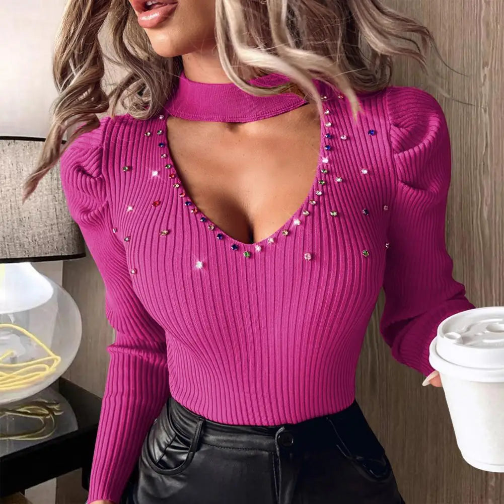 Women Slim Fit Top Stylish Women's Rhinestone Studded Knitwear Collection V-neck Tops Hollow Out Sweaters Slim Fit for Office