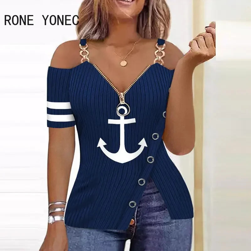 Women Chic Anchor Pattern Zipper Decor Chain Straps Basic Short Sleeves Silt Blouse Tops