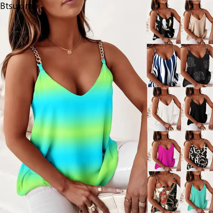 New 2023 Women's Summer Blouses Top Vest Sleeveless V-Neck Chain Print Pullover Blusa Sling Clothing Female Shirts And Blouses