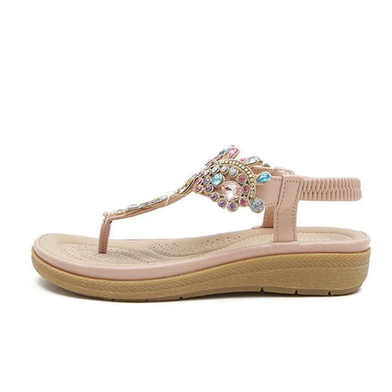 Summer New Round Toe Women's Flip Flops Fashion Personality Rhinestone Ladies Sandals Roman Crystal Platform Elastic Band Casual