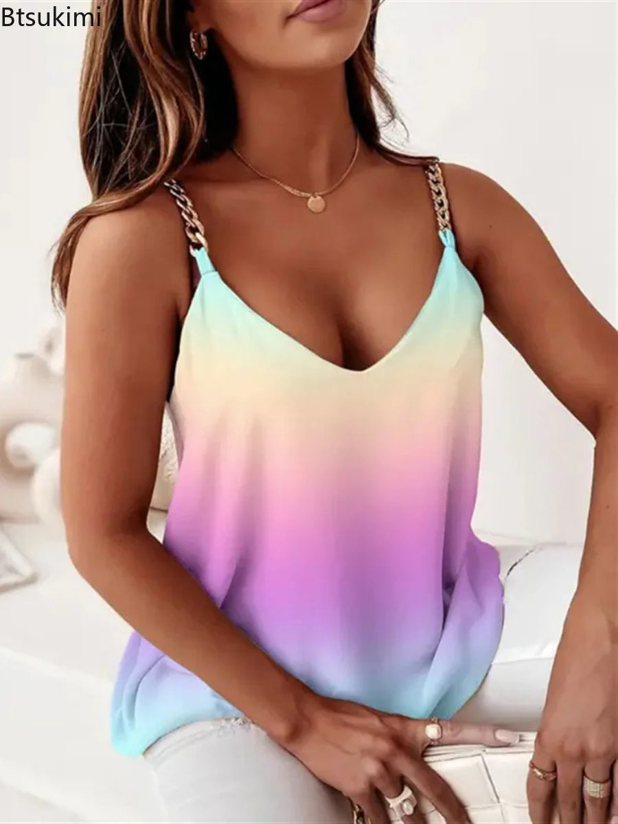 New 2023 Women's Summer Blouses Top Vest Sleeveless V-Neck Chain Print Pullover Blusa Sling Clothing Female Shirts And Blouses