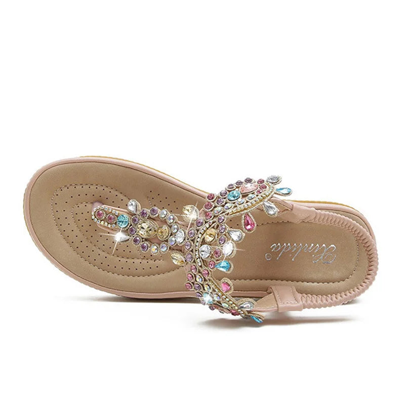 Summer New Round Toe Women's Flip Flops Fashion Personality Rhinestone Ladies Sandals Roman Crystal Platform Elastic Band Casual