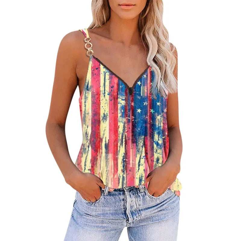 Summer American Flag Tanks Sleeveless Chain Blouse Vintage Top Y2k Womans Streetwear Star Striped Print Vest Off Shoulder Tshirt