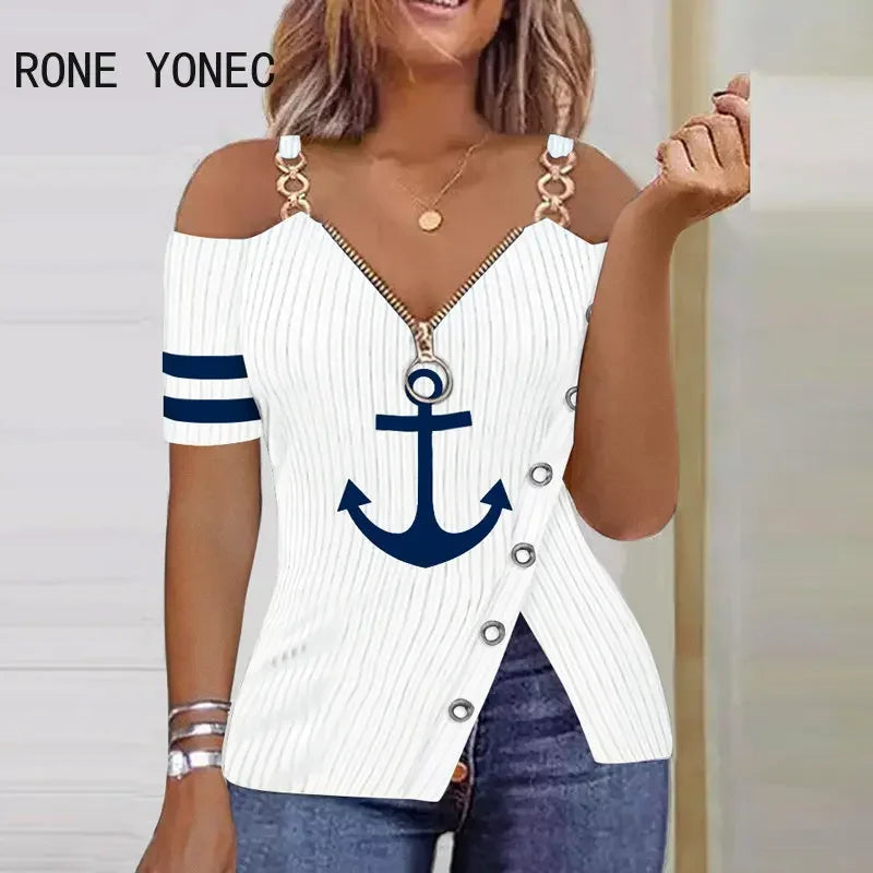 Women Chic Anchor Pattern Zipper Decor Chain Straps Basic Short Sleeves Silt Blouse Tops