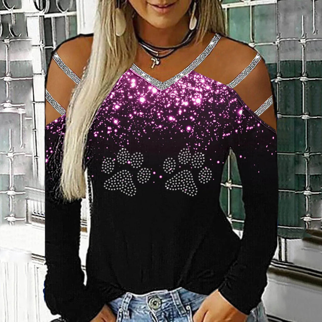 Fashion Bling Rhinestone Blouse Shirt Cold Shoulder Top Tee Casual Autumn Winter Ladies Female Women Long Sleeve Blusas Pullover