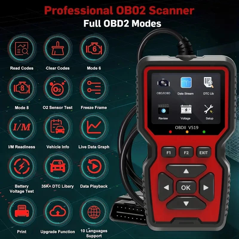 OBD2 Scanner Live Data Professional Mechanic OBDII Diagnostic Code Reader Tool For Check Engine Light Battery Voltage Testing