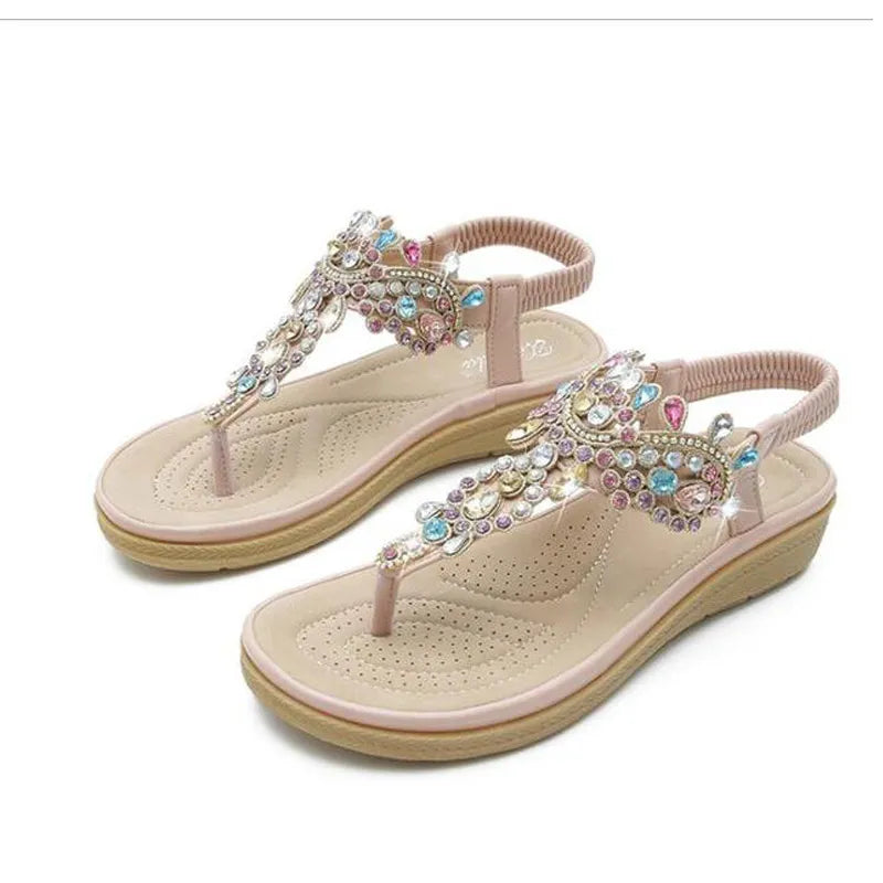 Summer New Round Toe Women's Flip Flops Fashion Personality Rhinestone Ladies Sandals Roman Crystal Platform Elastic Band Casual