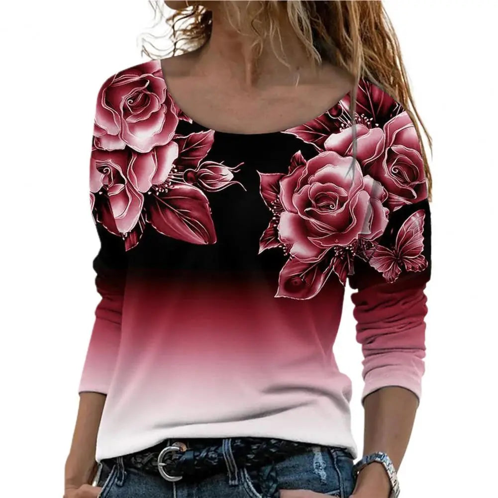 Women Spring Blouses Rose Flower Oversized T-shirt Top Colorfast Gradient Color Crew Neck Floral Print Blouses футболка женский