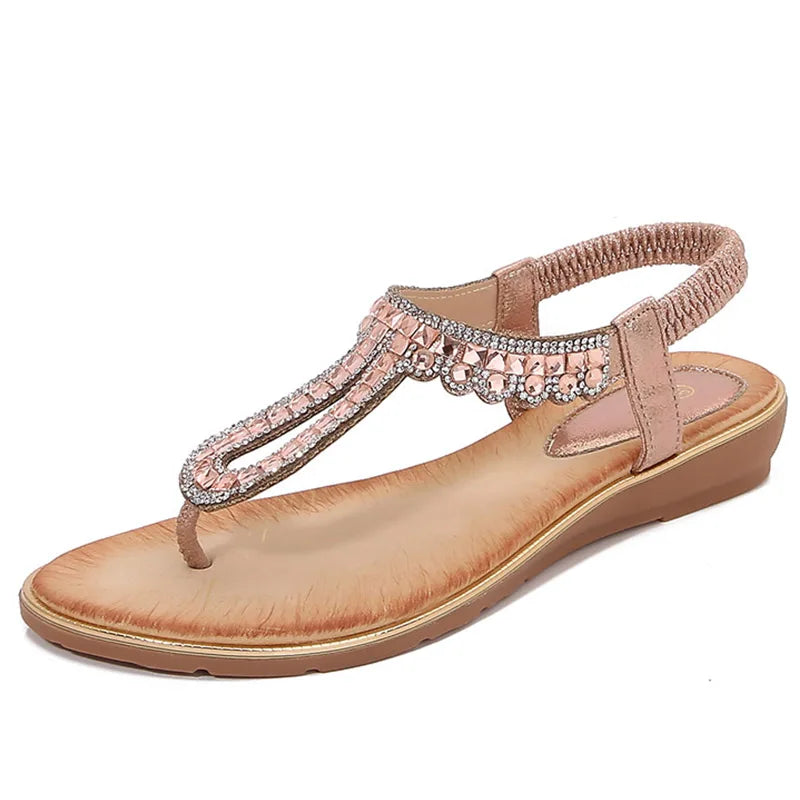 Women's Flat Thong Sandals, Rhinestone Decor Elastic Strap Slip On Shoes, Boho Style Vacation Beach Sandals