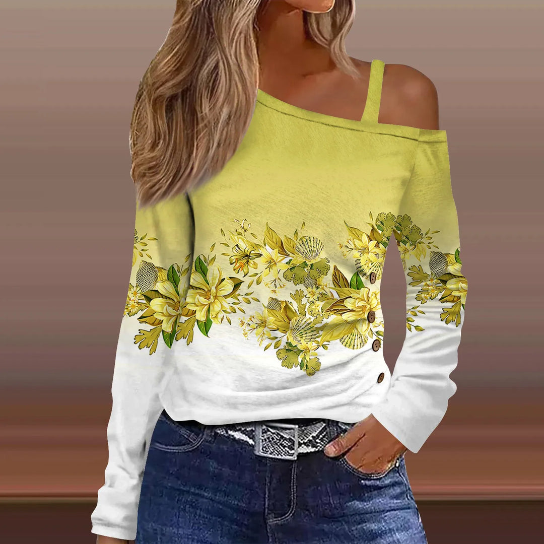 Elegant Skew Collar Chain Hollow Pullover Tops Female Floral Print Off Shoulder Tops Blouse Long Sleeve Commute Regular Fit Top