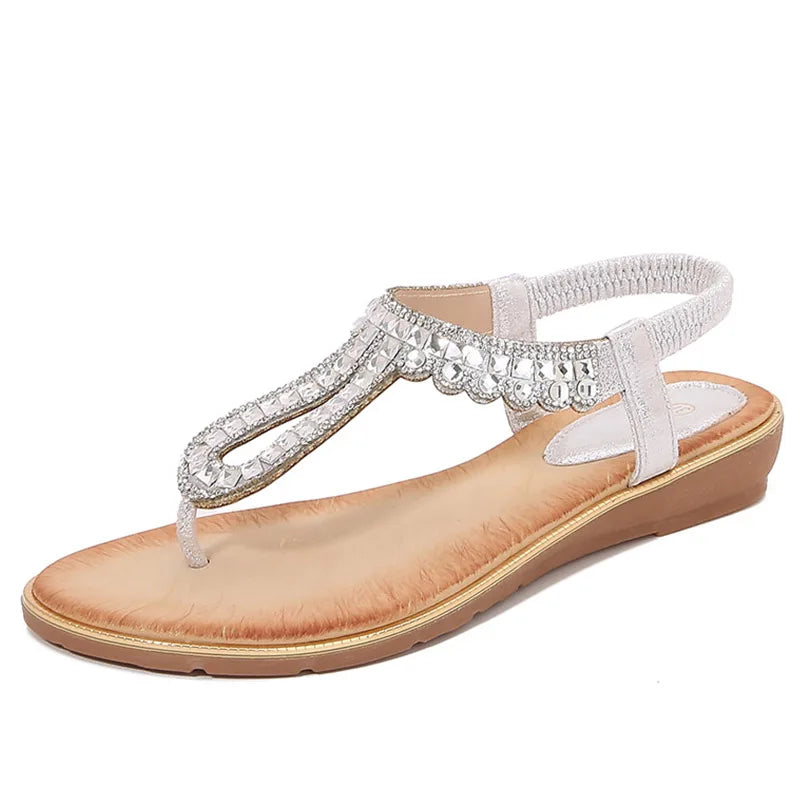 Women's Flat Thong Sandals, Rhinestone Decor Elastic Strap Slip On Shoes, Boho Style Vacation Beach Sandals