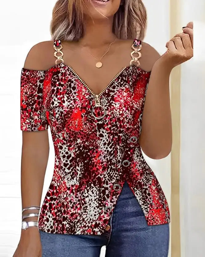 Fashion Y2K Women's Top 2023 Summer Casual Rhinestone Decoration Zipper Details Split Bottom Cold Shoulder Basic Slim T-Shirt