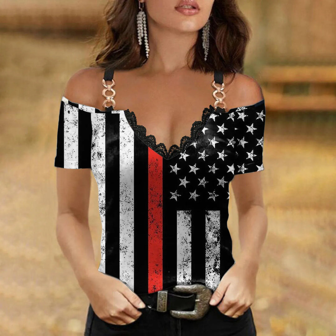 Trendy Shirt For Women Chain Strap Off Shoulder Blouse Ladies Independence Day Print Short Sleeve Streetwear Tops 2022 Summer