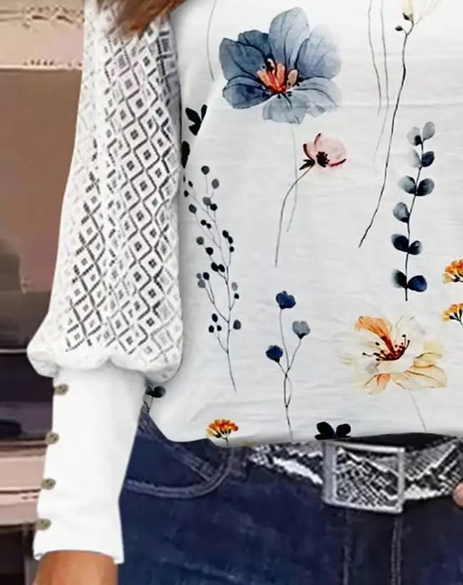 Fashion Woman Blouse 2023 Floral Print Lace Patch Chain Lantern Sleeve Casual Cold Shoulder Long Sleeve Top Graphic T Shirts