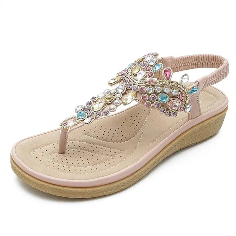 Summer New Round Toe Women's Flip Flops Fashion Personality Rhinestone Ladies Sandals Roman Crystal Platform Elastic Band Casual