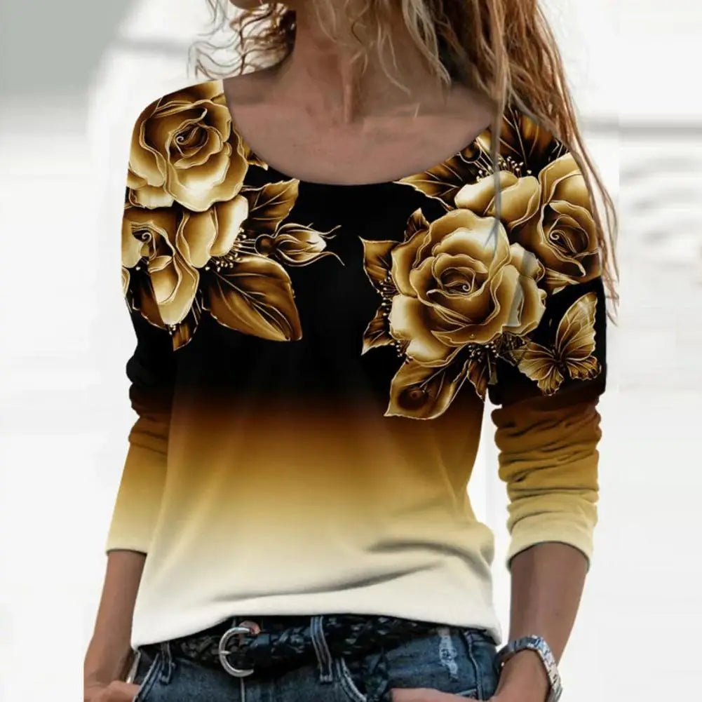 Women Spring Blouses Rose Flower Oversized T-shirt Top Colorfast Gradient Color Crew Neck Floral Print Blouses футболка женский